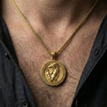 Load image into Gallery viewer, Gold plated Anubis pendant worn on neck, Egyptian gothic medallion necklace with premium shine and detail
