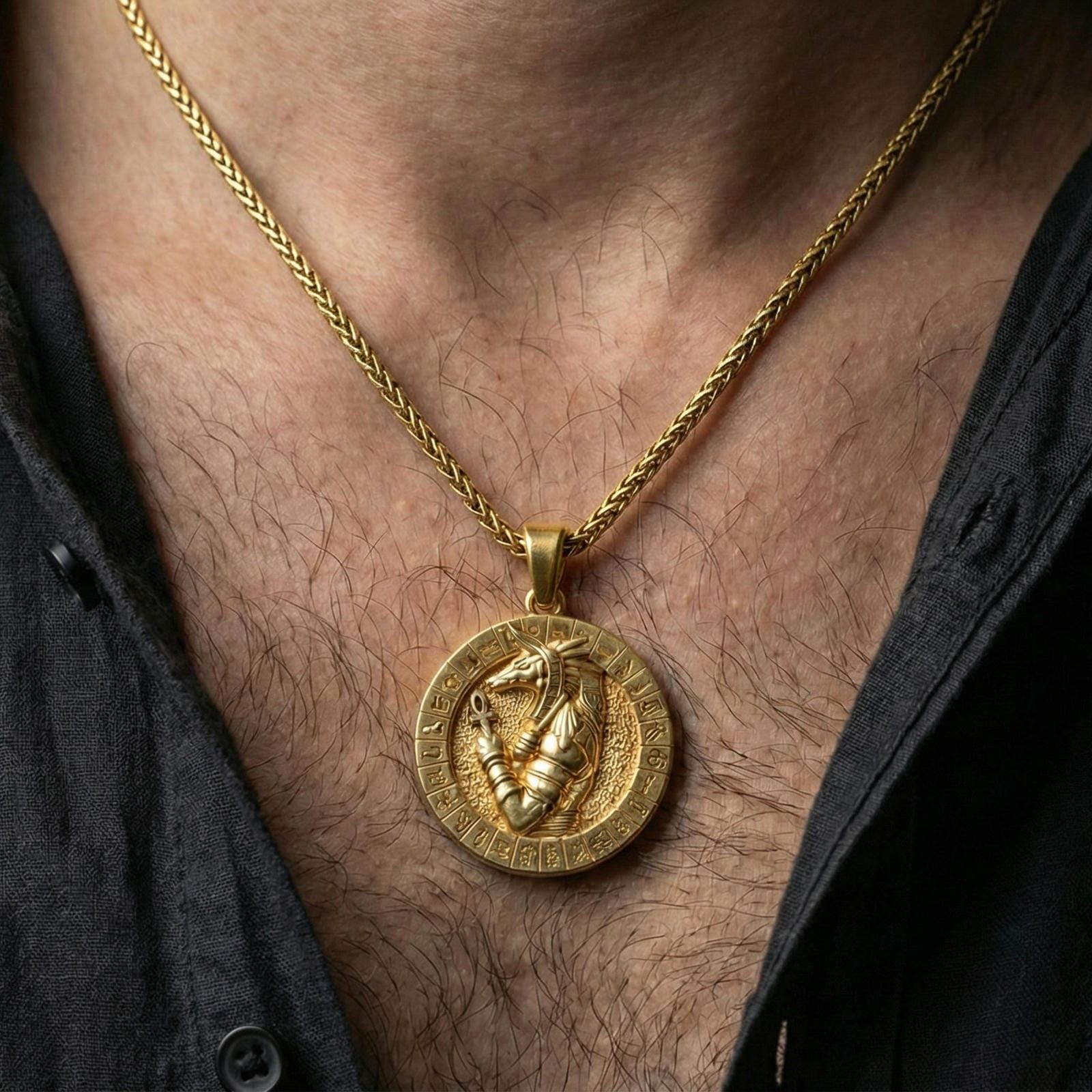 Gold plated Anubis pendant worn on neck, Egyptian gothic medallion necklace with premium shine and detail
