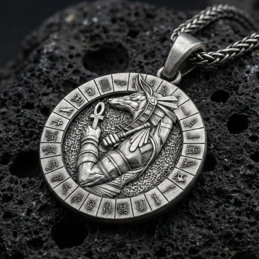 Oxidized 925 sterling silver Anubis pendant on volcanic rock, Egyptian god medallion necklace with hieroglyph ring