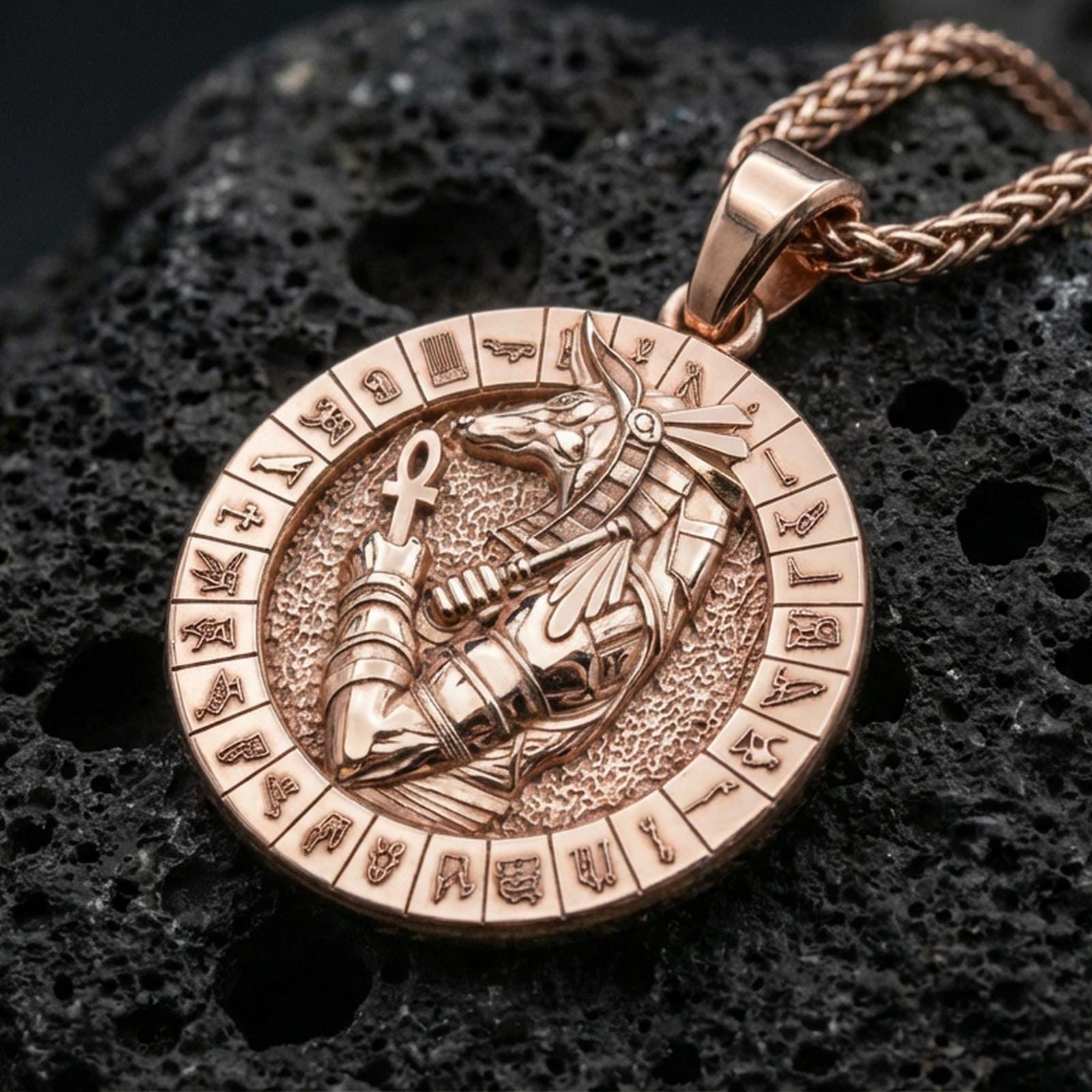 Rose gold plated Anubis necklace on dark volcanic stone, Egyptian Anubis talisman pendant with round coin design