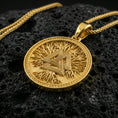 Load image into Gallery viewer, Gold plated valknut pendant on volcanic rock, Viking amulet necklace with triangular knot symbol and engraved rim
