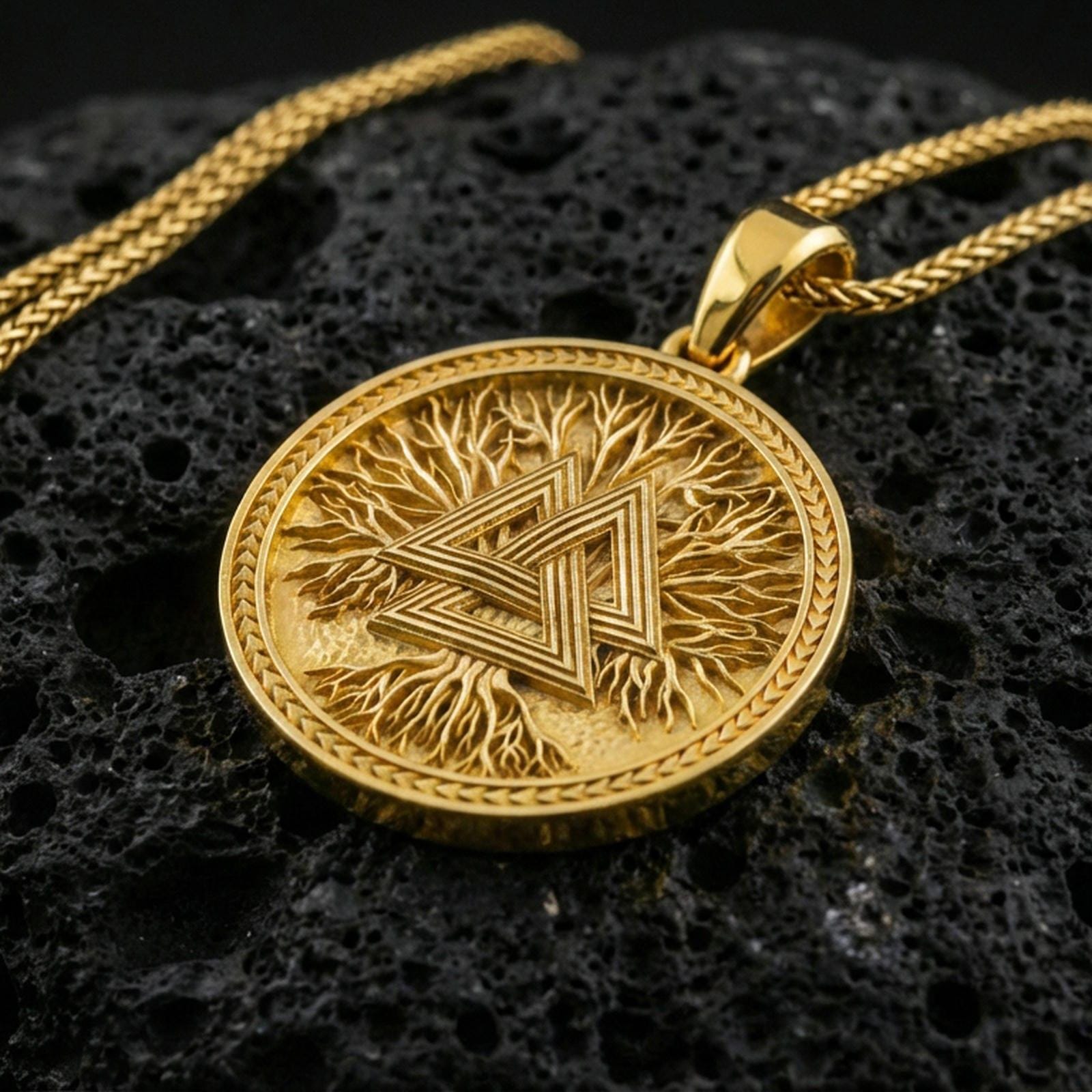 Gold plated valknut pendant on volcanic rock, Viking amulet necklace with triangular knot symbol and engraved rim