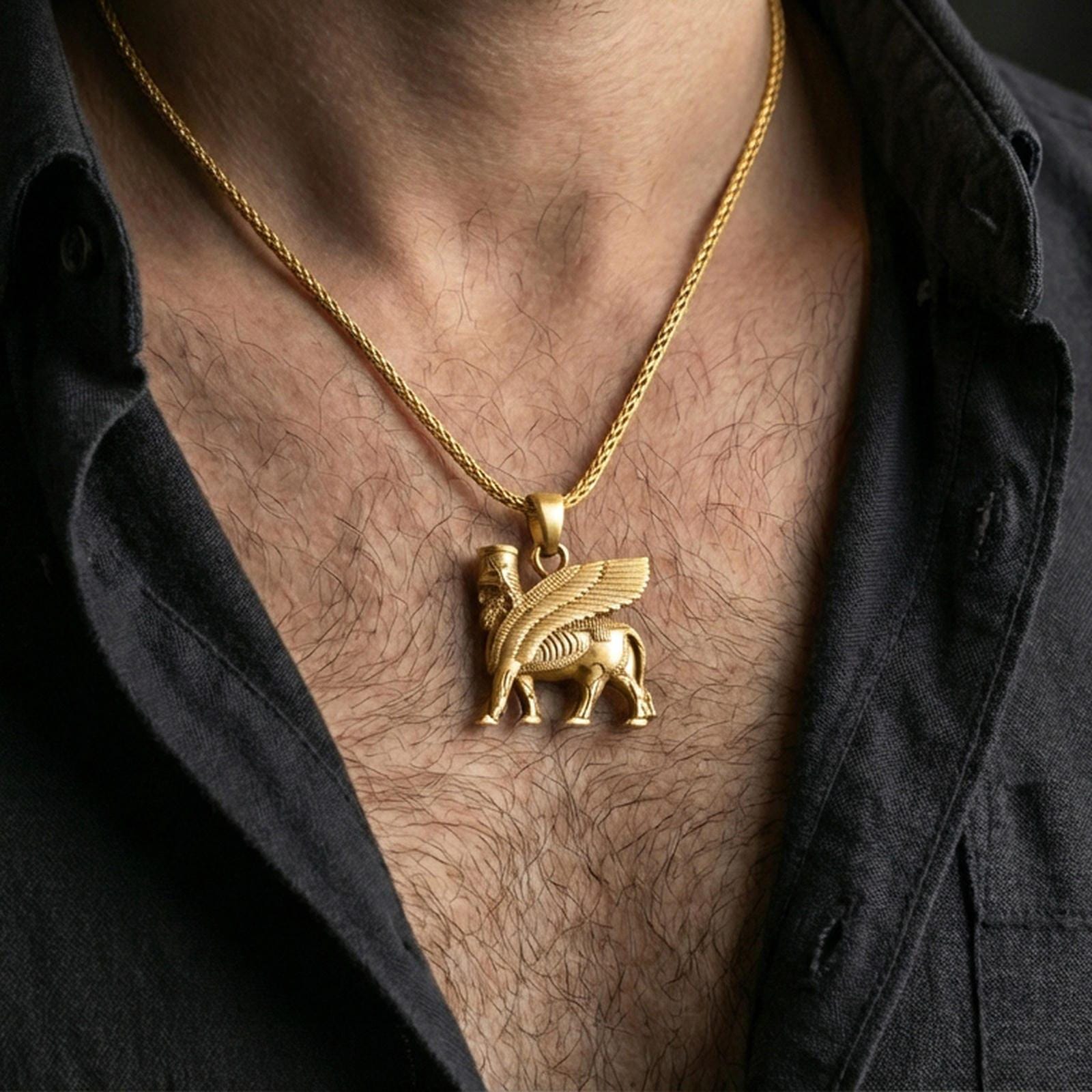 Gold plated lamassu pendant worn on neck, Babylonian Assyrian guardian necklace with premium finish and depth