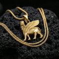 Load image into Gallery viewer, Gold plated lamassu pendant on volcanic rock, Babylonian Assyrian winged bull amulet necklace with museum replica style
