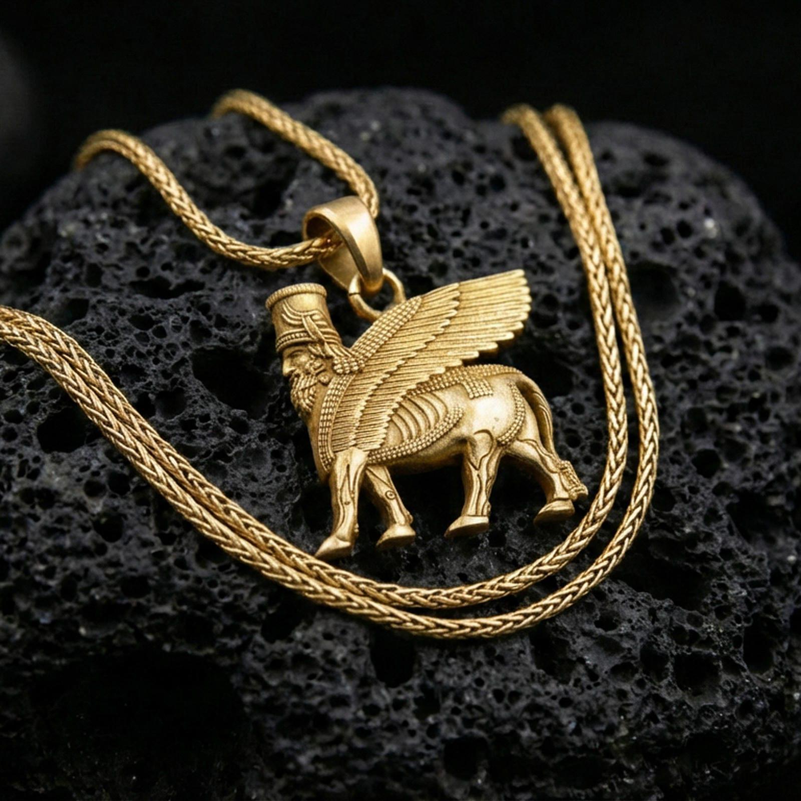 Gold plated lamassu pendant on volcanic rock, Babylonian Assyrian winged bull amulet necklace with museum replica style