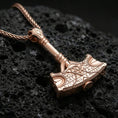 Load image into Gallery viewer, Rose gold plated Thor hammer necklace on dark volcanic stone, Mjolnir Viking talisman pendant with engraved runes
