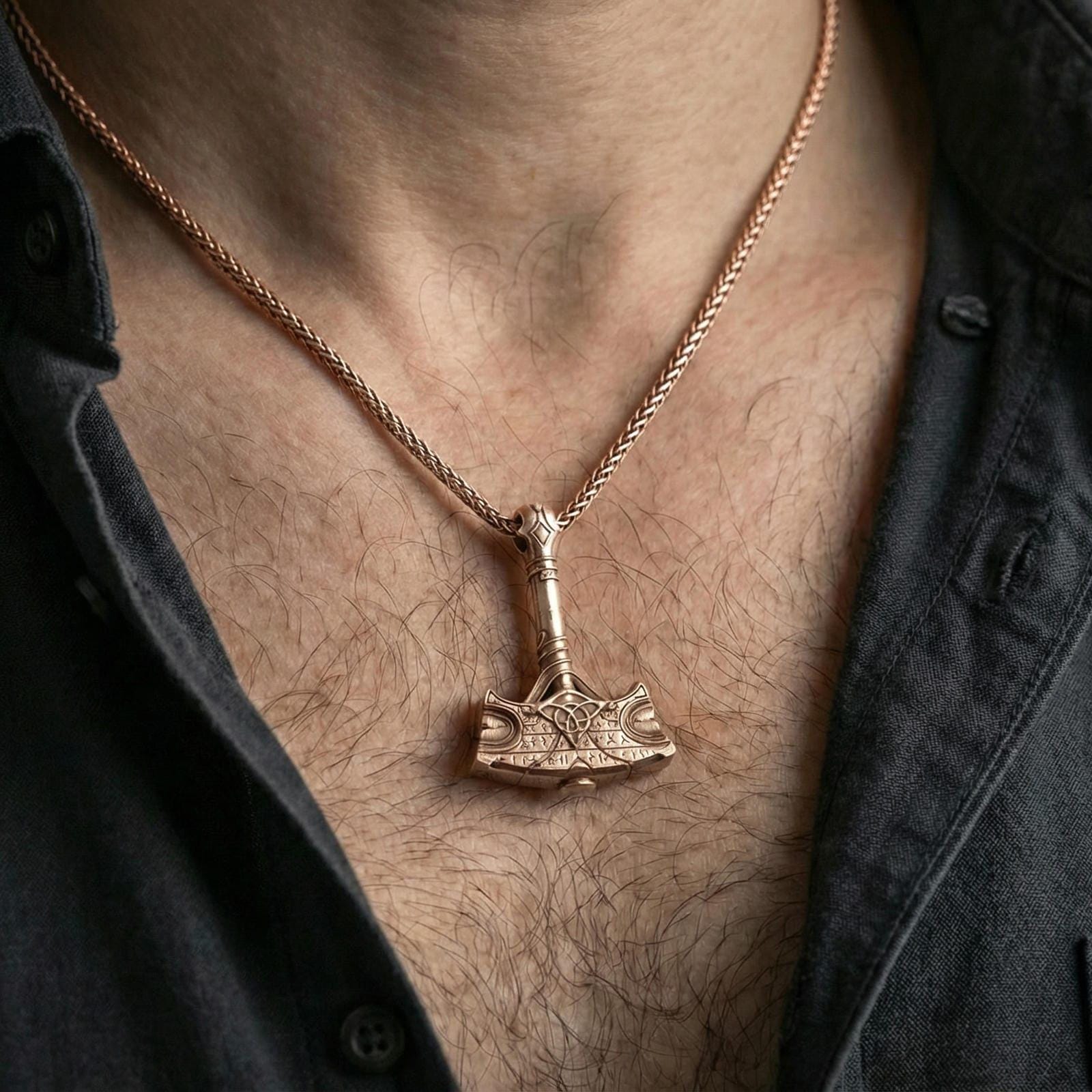 Rose gold plated Thor hammer necklace worn on neck, Mjolnir Viking talisman pendant for Norse mythology lovers