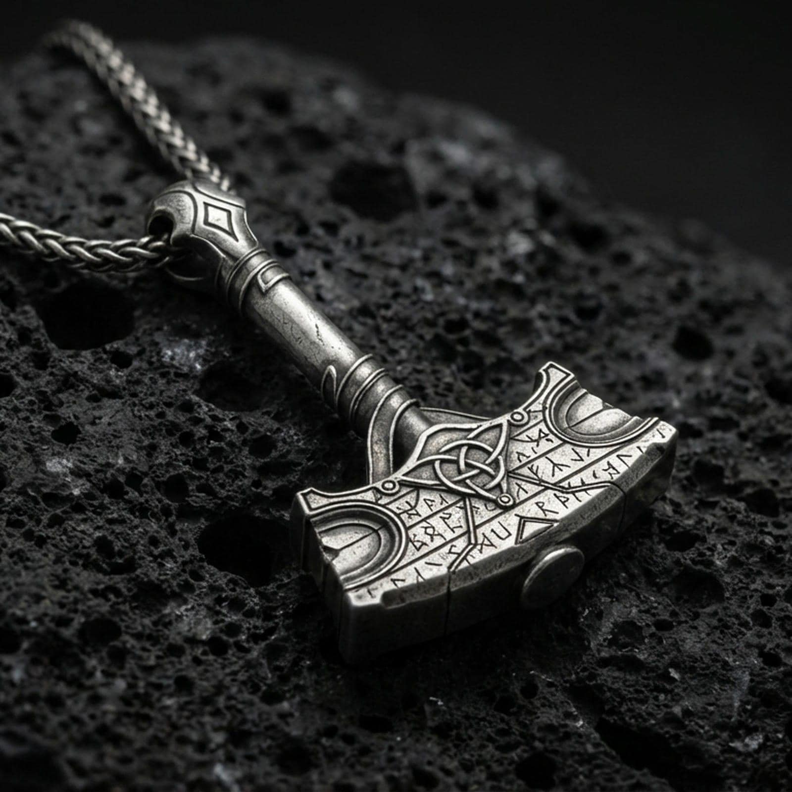 Oxidized 925 sterling silver Mjolnir pendant on volcanic rock, Thor hammer Viking necklace with rune engraving and braided chain