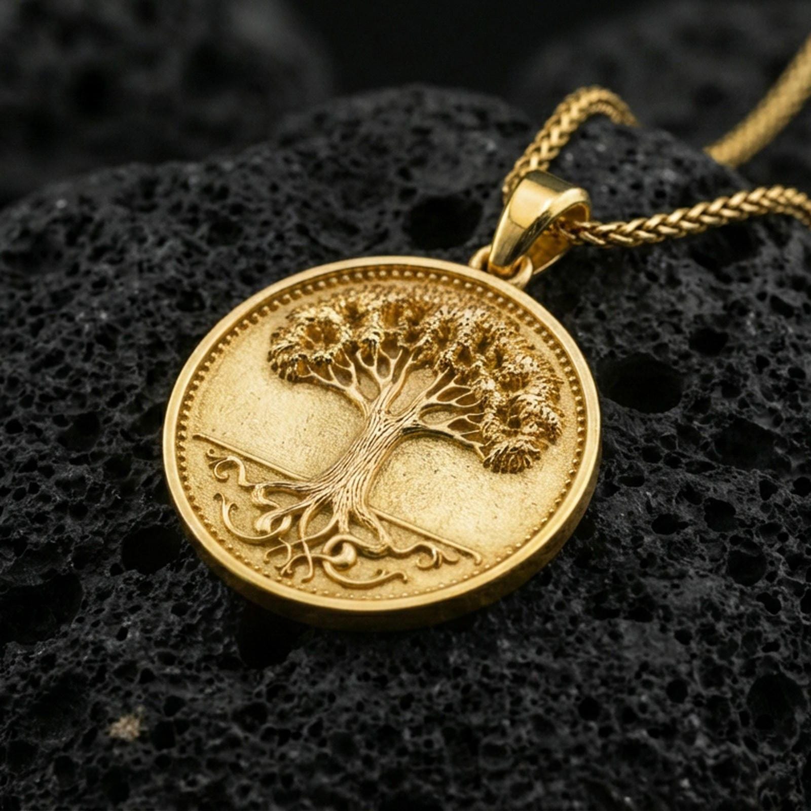 Gold plated Tree of Life coin pendant on volcanic rock, Yggdrasil style round medallion necklace with braided chain
