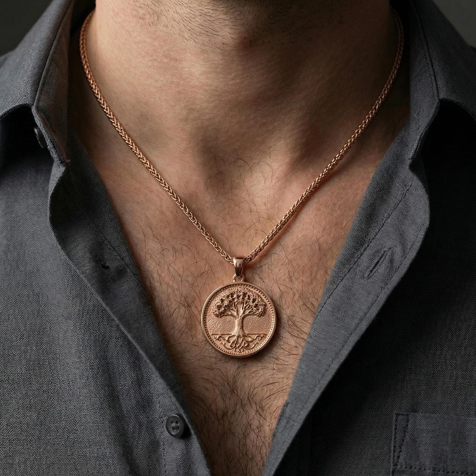 Rose gold plated Tree of Life necklace worn on neck, round life tree medallion pendant with elegant shine