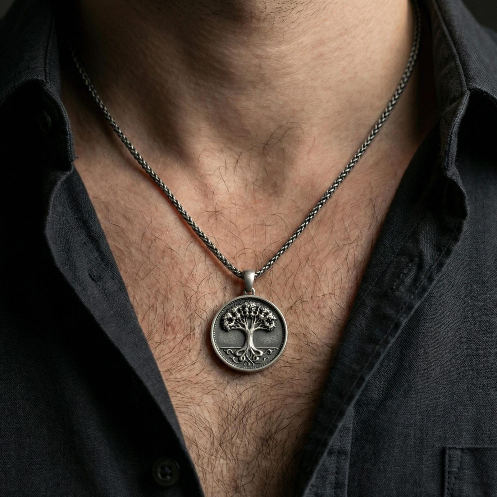 Oxidized 925 sterling silver Tree of Life pendant worn on neck, Celtic life tree coin necklace with vintage depth