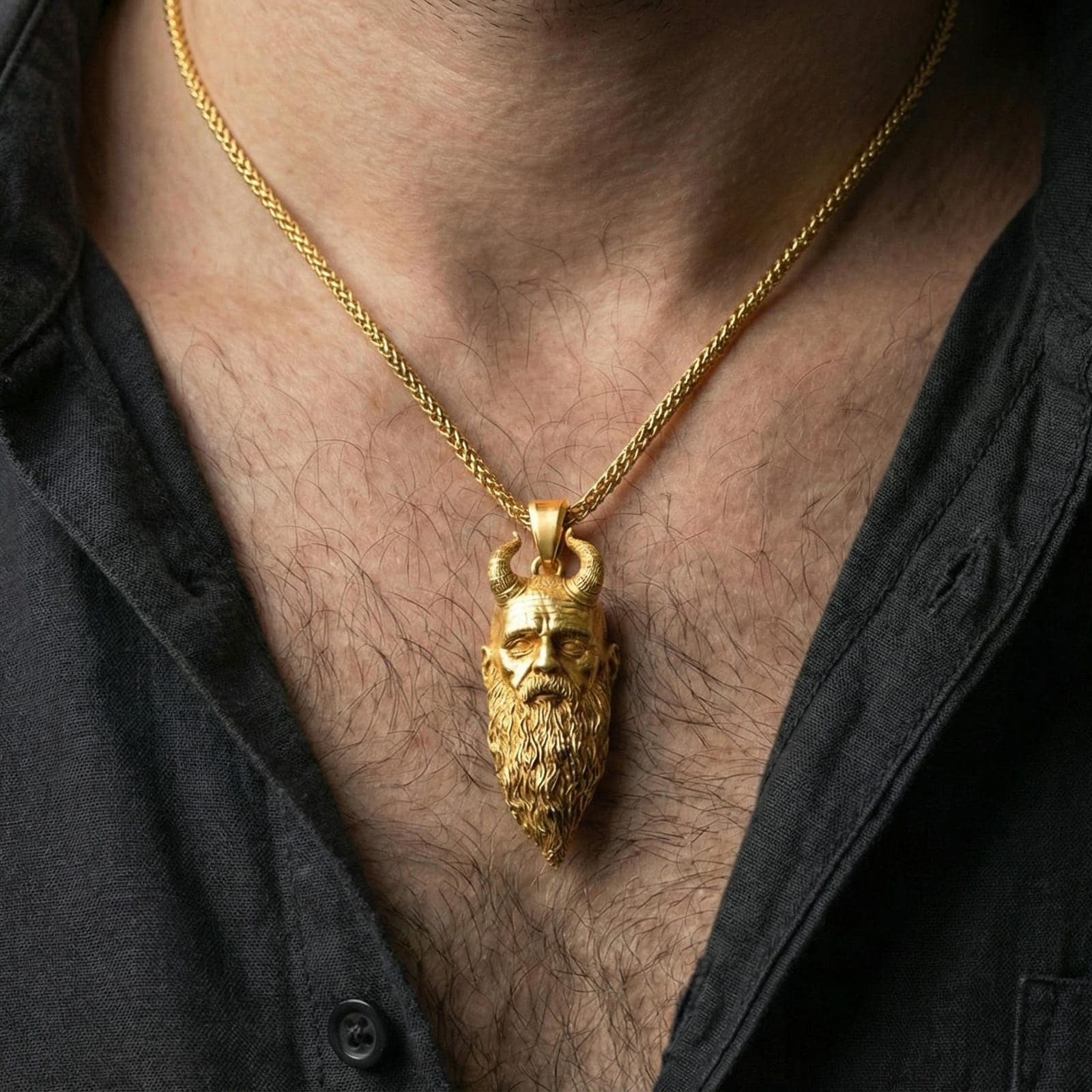 Gold plated Mimir head pendant worn on neck, Viking guardian necklace for Norse mythology and Odin lore fans