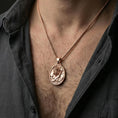 Load image into Gallery viewer, Rose gold plated Poseidon coin necklace worn on neck, Greek mythology pendant with Poseidon profile and trident

