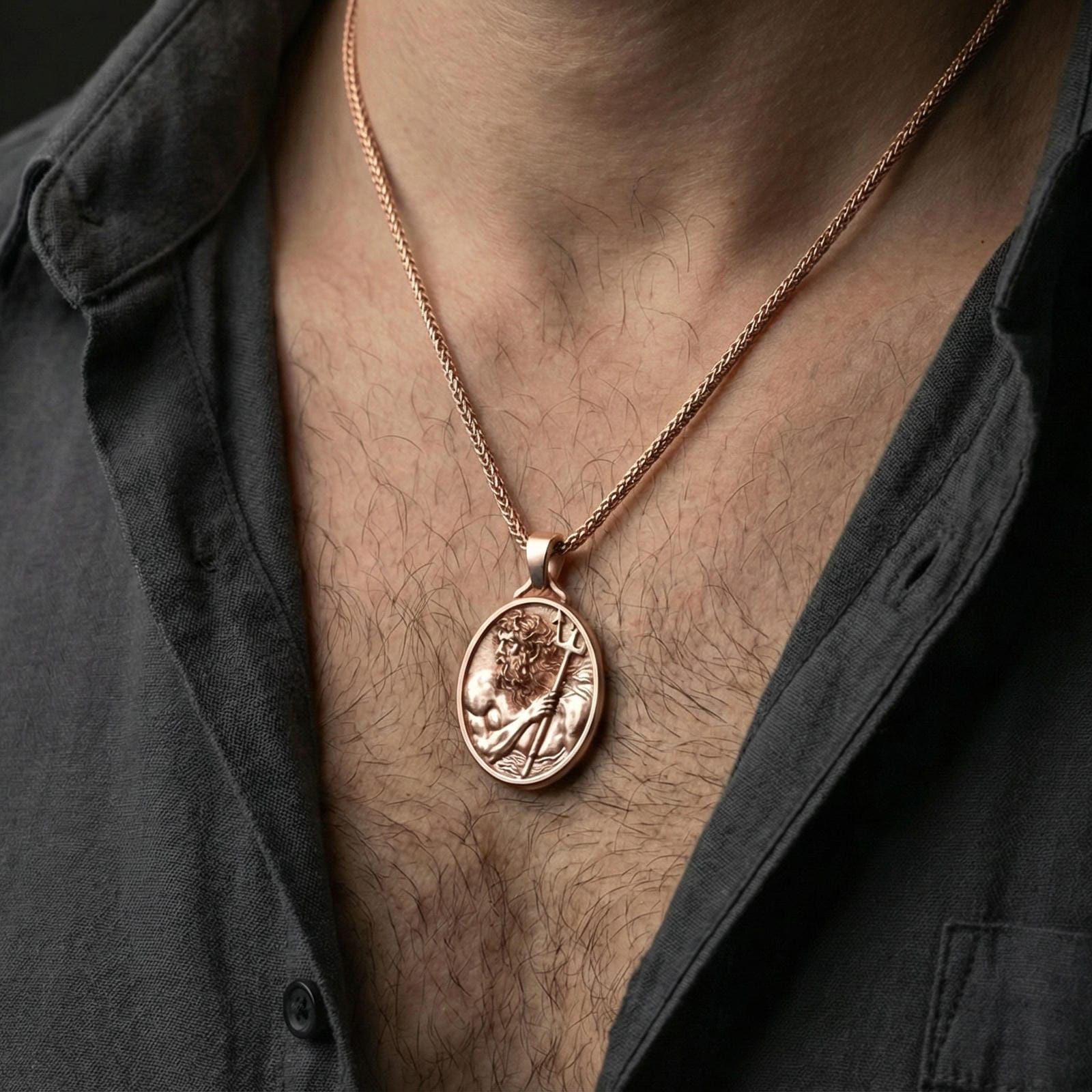 Rose gold plated Poseidon coin necklace worn on neck, Greek mythology pendant with Poseidon profile and trident