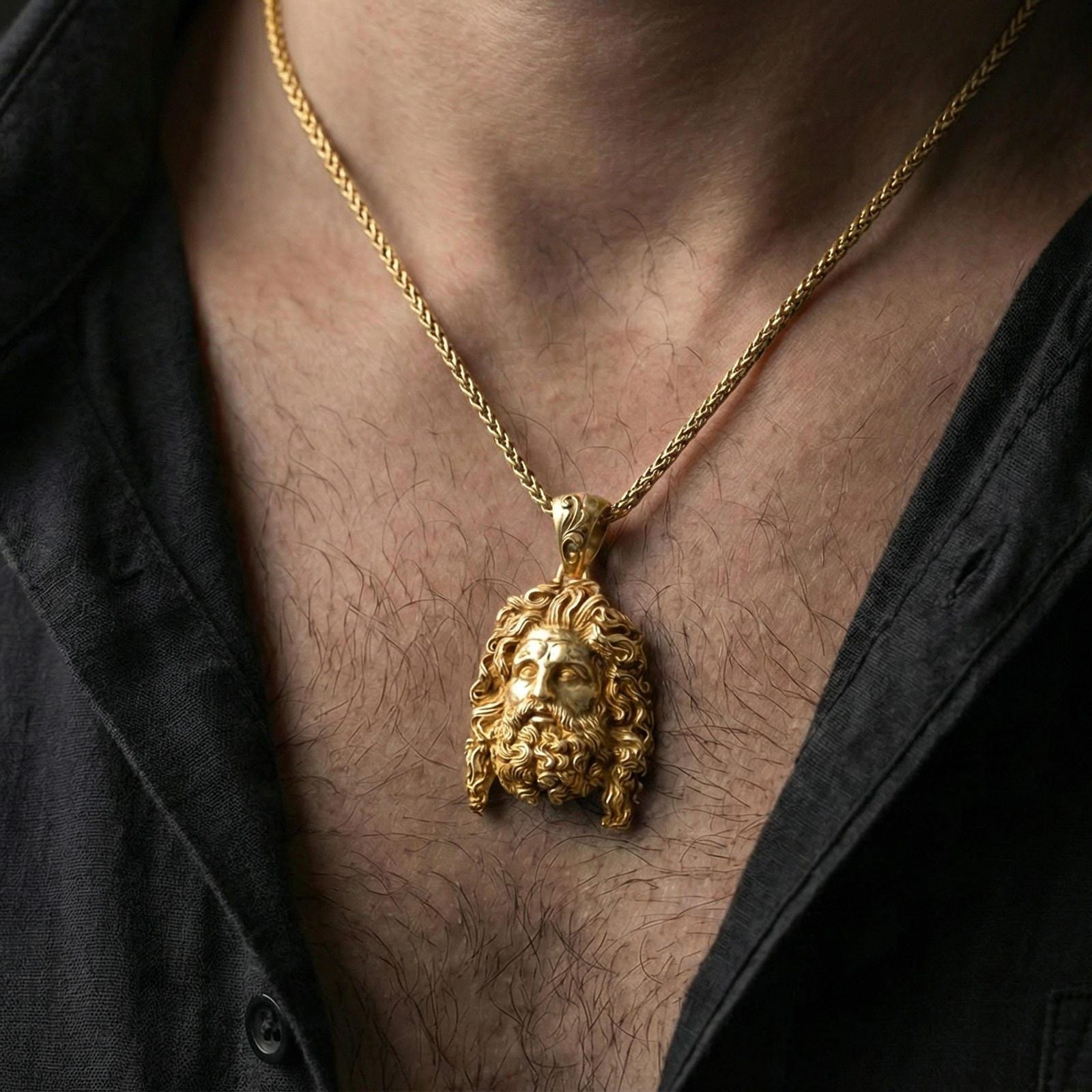 Gold plated deity head pendant necklace worn on neck, premium fashion styling, pendant as focal point