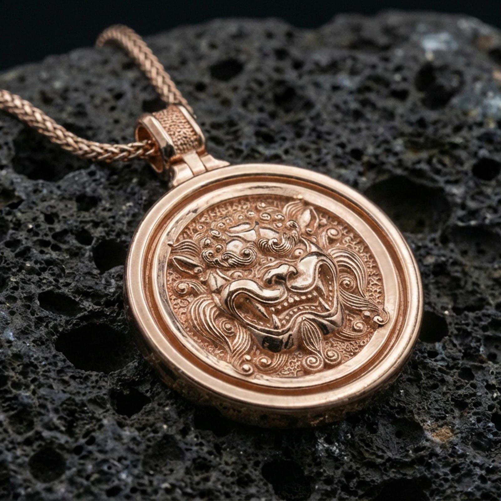 Rose gold plated guardian lion medallion pendant on volcanic rock, textured lava stone background, high-detail facial relief