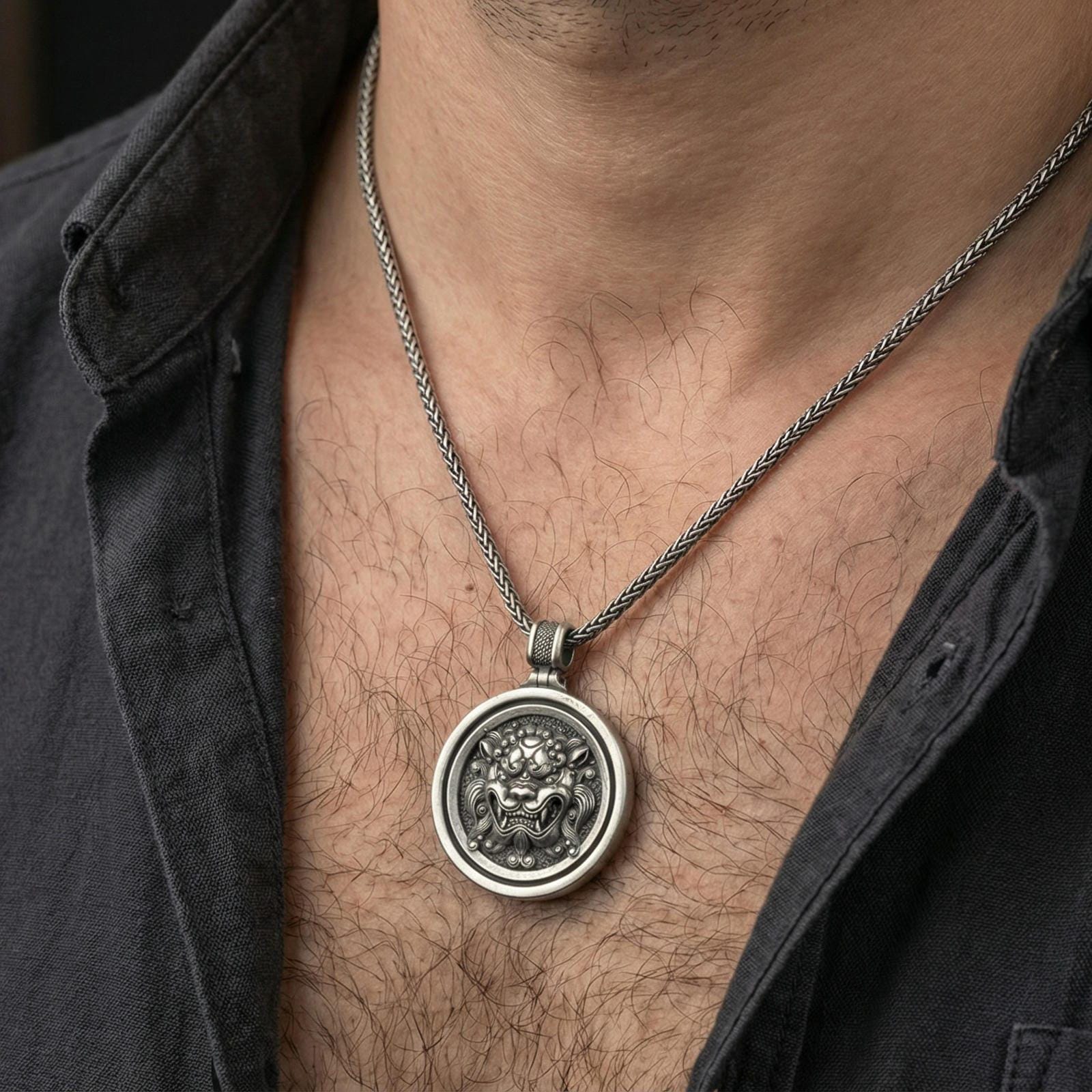Oxidized guardian lion medallion necklace worn on neck, lifestyle close-up, pendant centered with braided chain