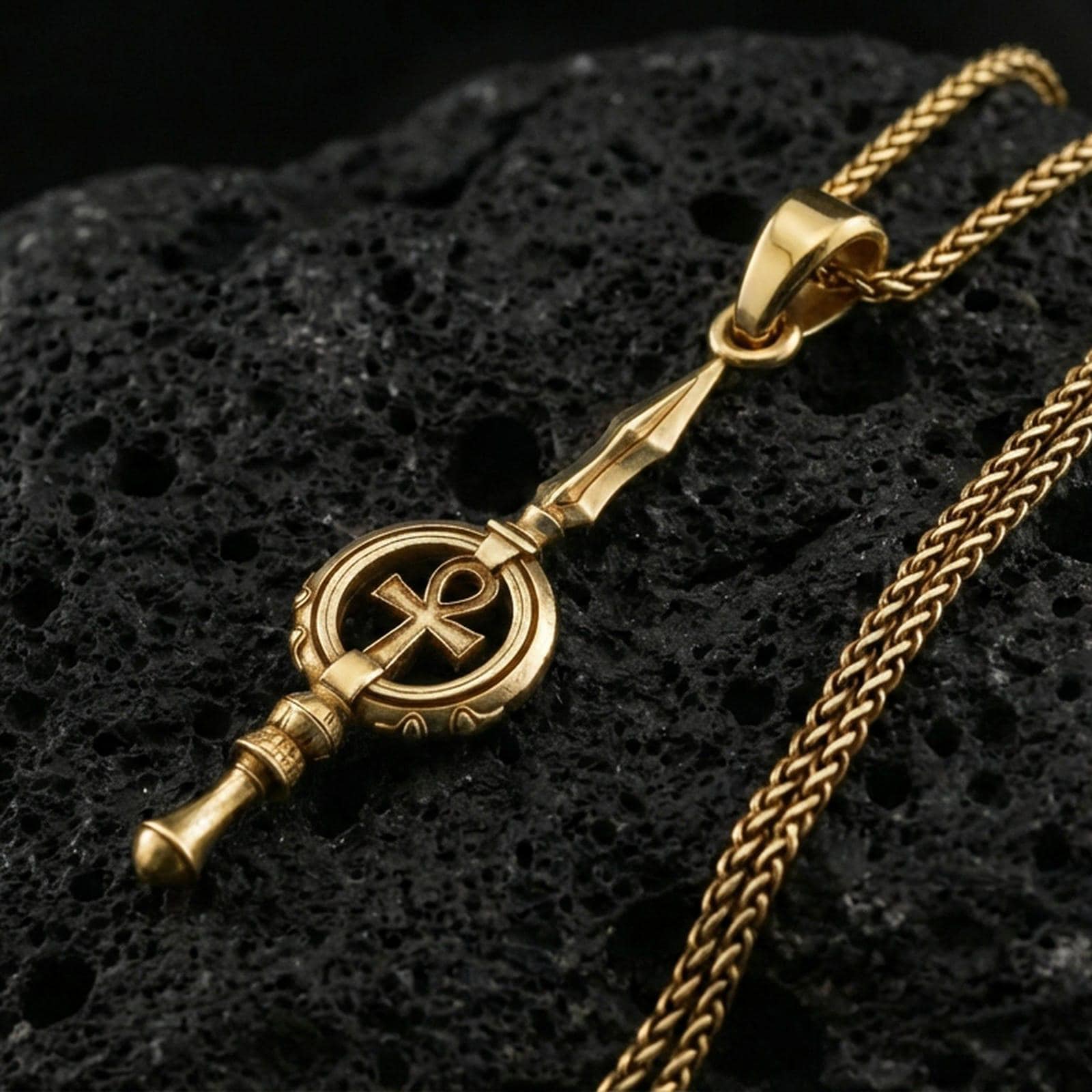Gold plated ankh spear pendant on volcanic rock, premium studio lighting, Egyptian-inspired talisman design