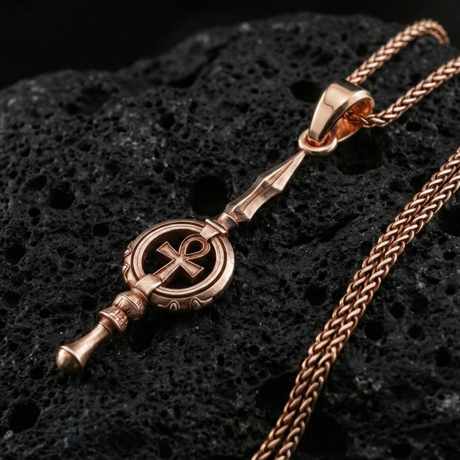 Rose gold plated ankh spear pendant on volcanic rock, textured lava stone background, high-detail ankh emblem