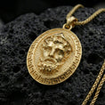 Load image into Gallery viewer, Gold plated Medusa face pendant on volcanic rock, premium studio lighting, Greek mythology medallion design
