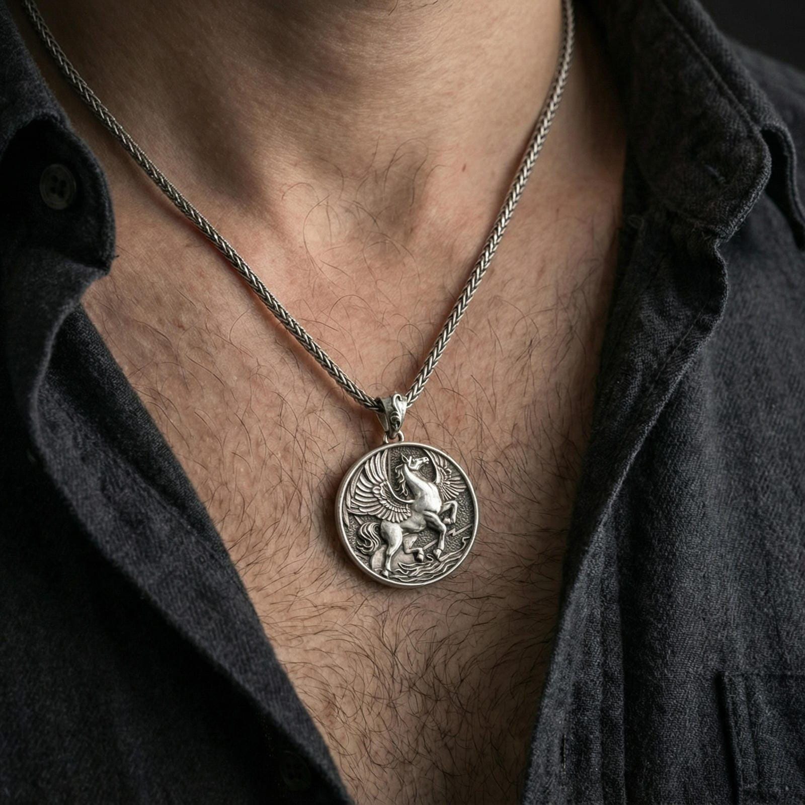 Oxidized winged Pegasus medallion necklace worn on neck, lifestyle close-up, pendant centered with braided chain