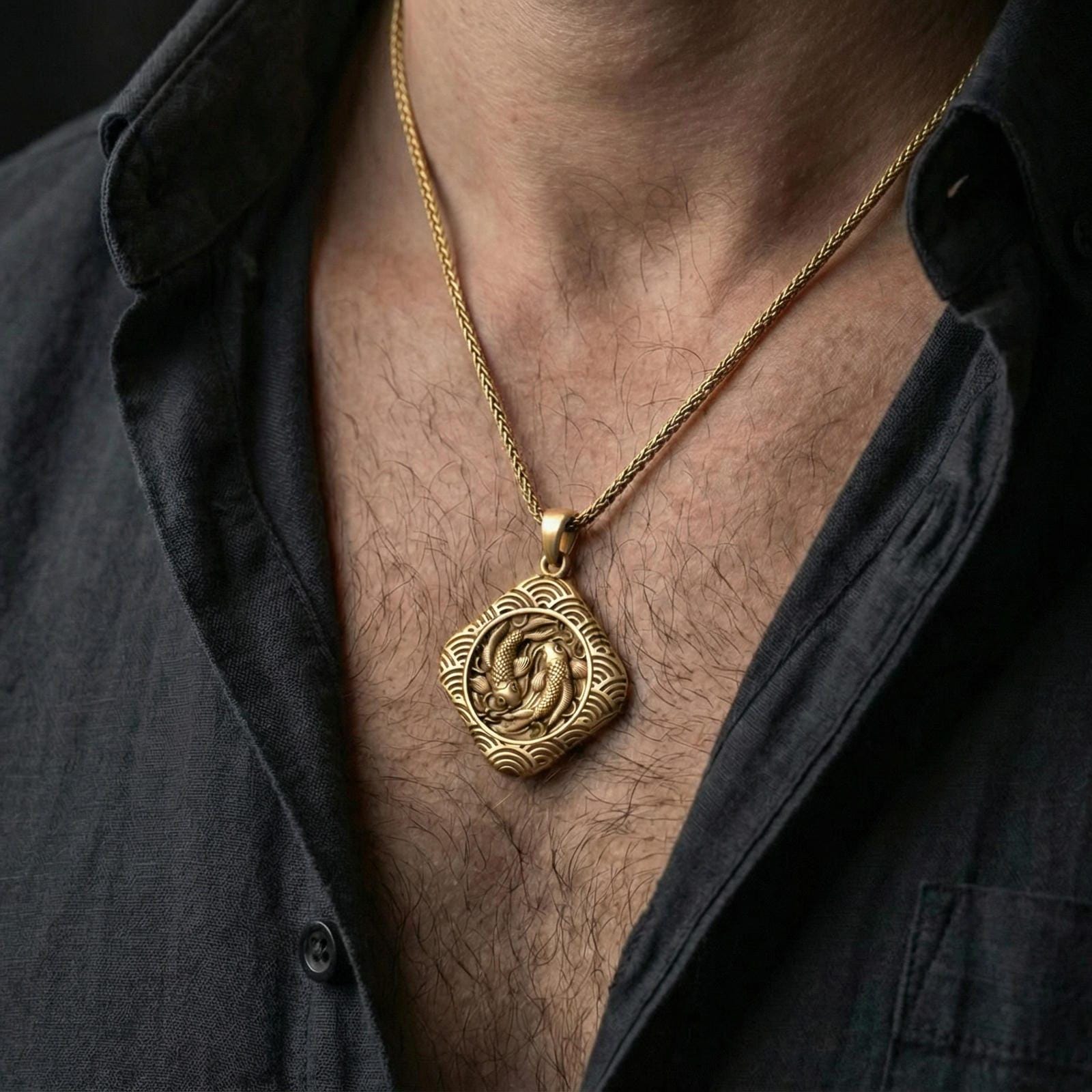 Gold plated koi fish pendant necklace worn on neck, premium styling, Japanese symbol medallion as focal point