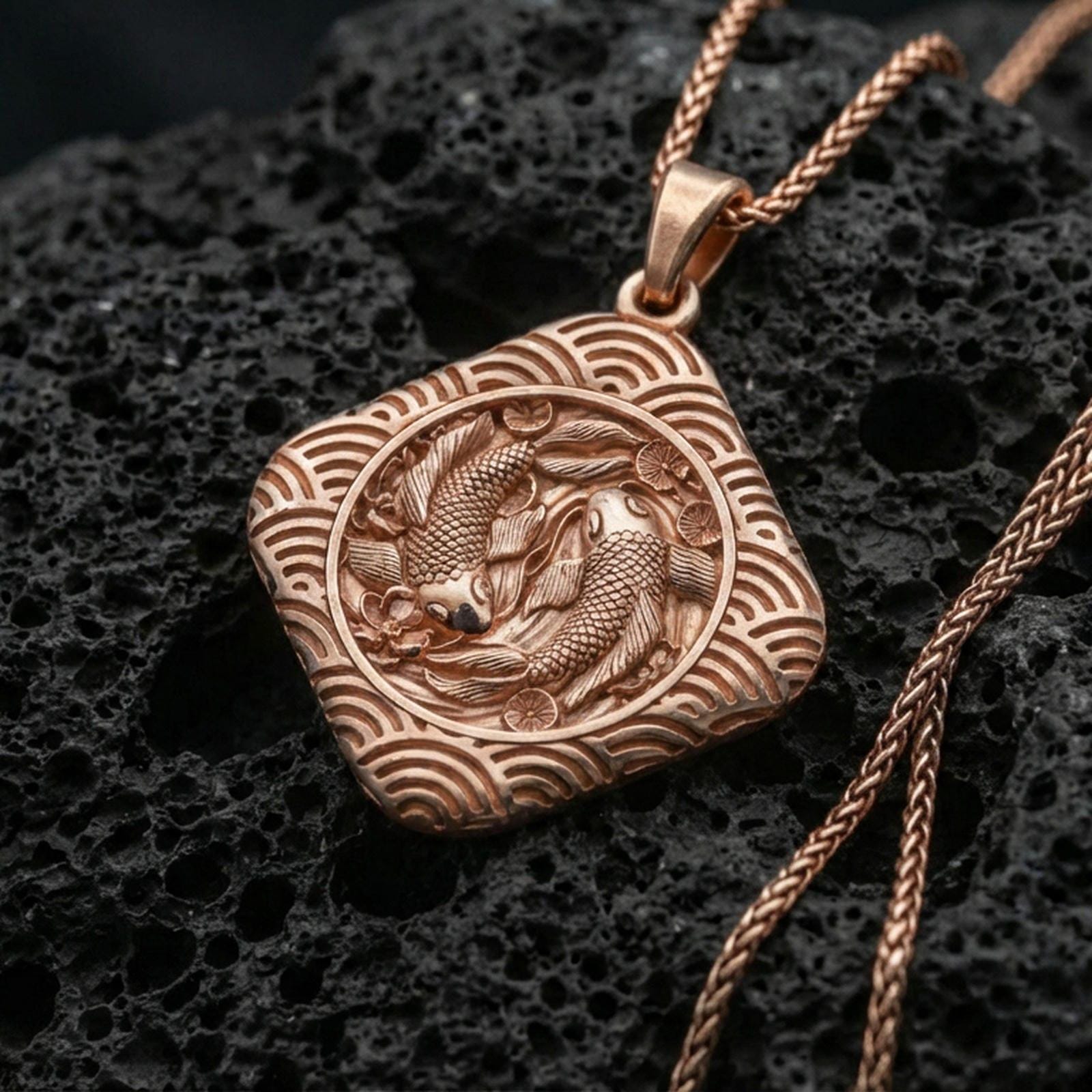 Rose gold plated koi fish pendant on volcanic rock, textured lava stone background, detailed koi relief and wave motif