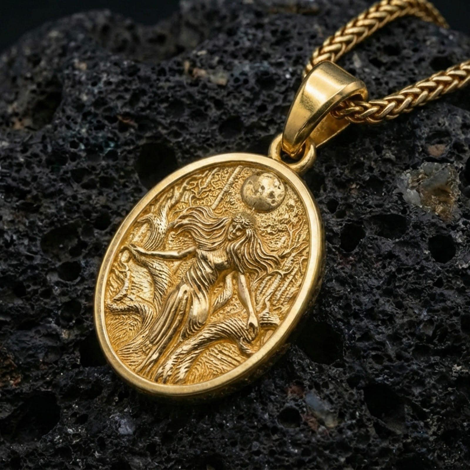 Gold plated Hela pendant on volcanic rock, premium studio scene, Norse myth medallion necklace design