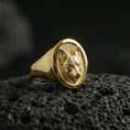 Load image into Gallery viewer, Gold plated fox head signet ring on volcanic rock, premium studio lighting, animal totem motif with sharp relief detail
