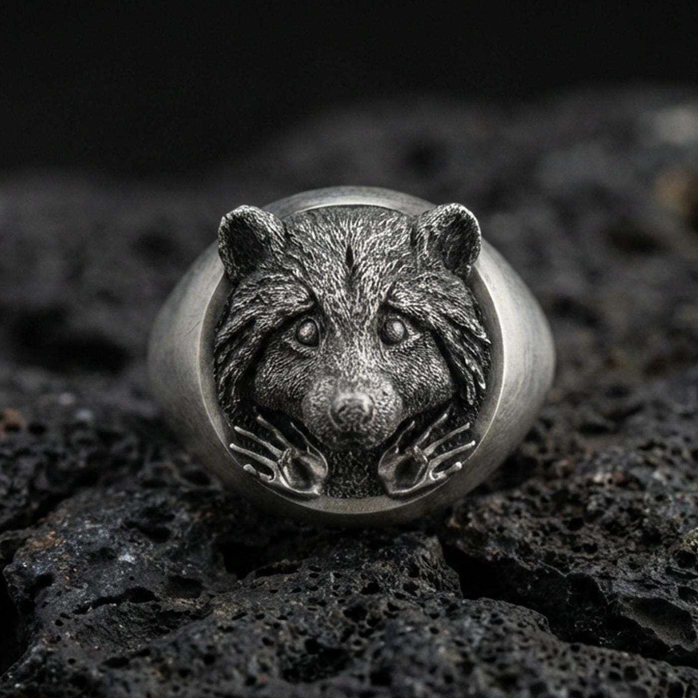 Oxidized sterling silver raccoon head signet ring on volcanic rock, detailed fur texture and paws relief, macro studio shot