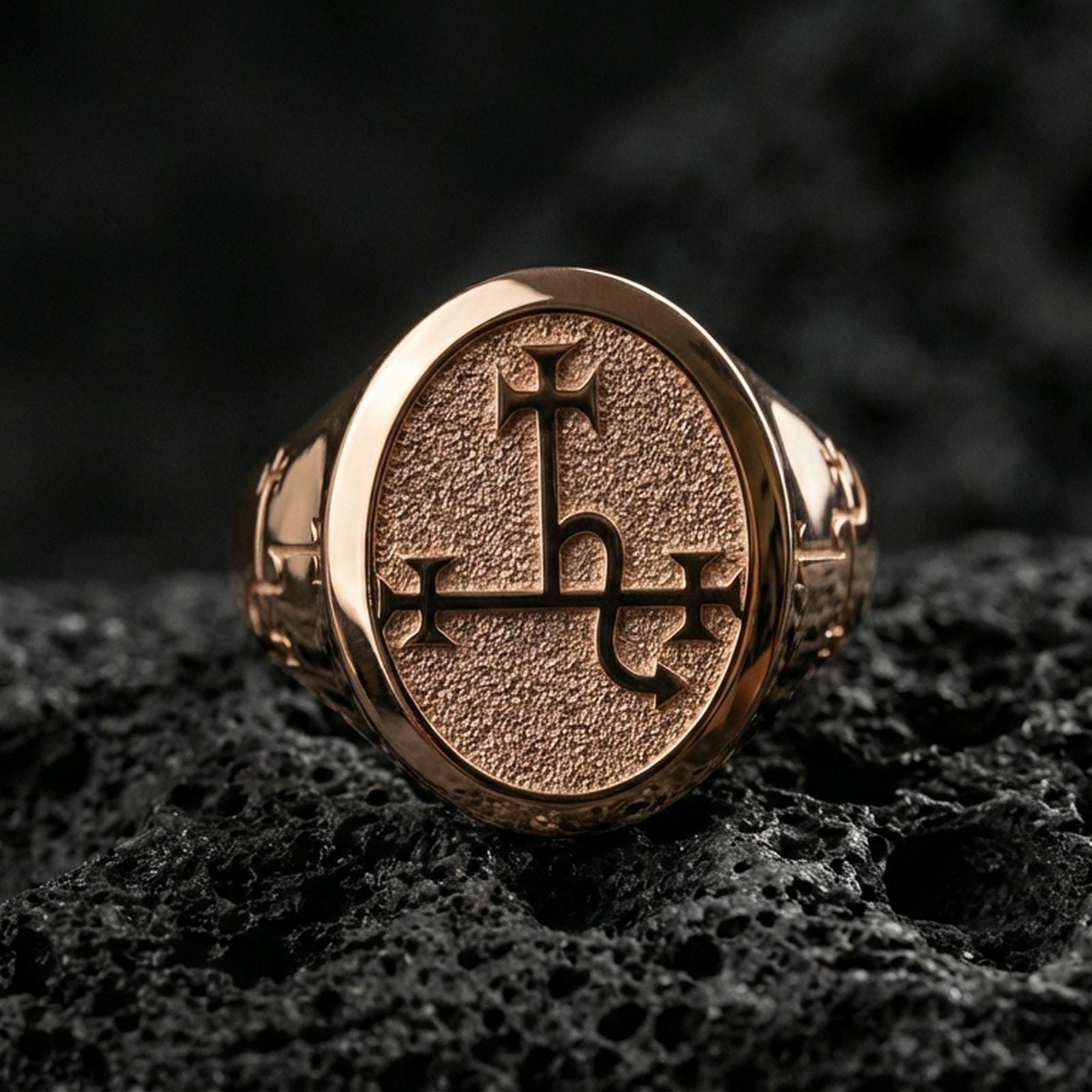 Rose gold plated oval signet ring with occult sigil engraving and textured signet surface, close-up on volcanic rock