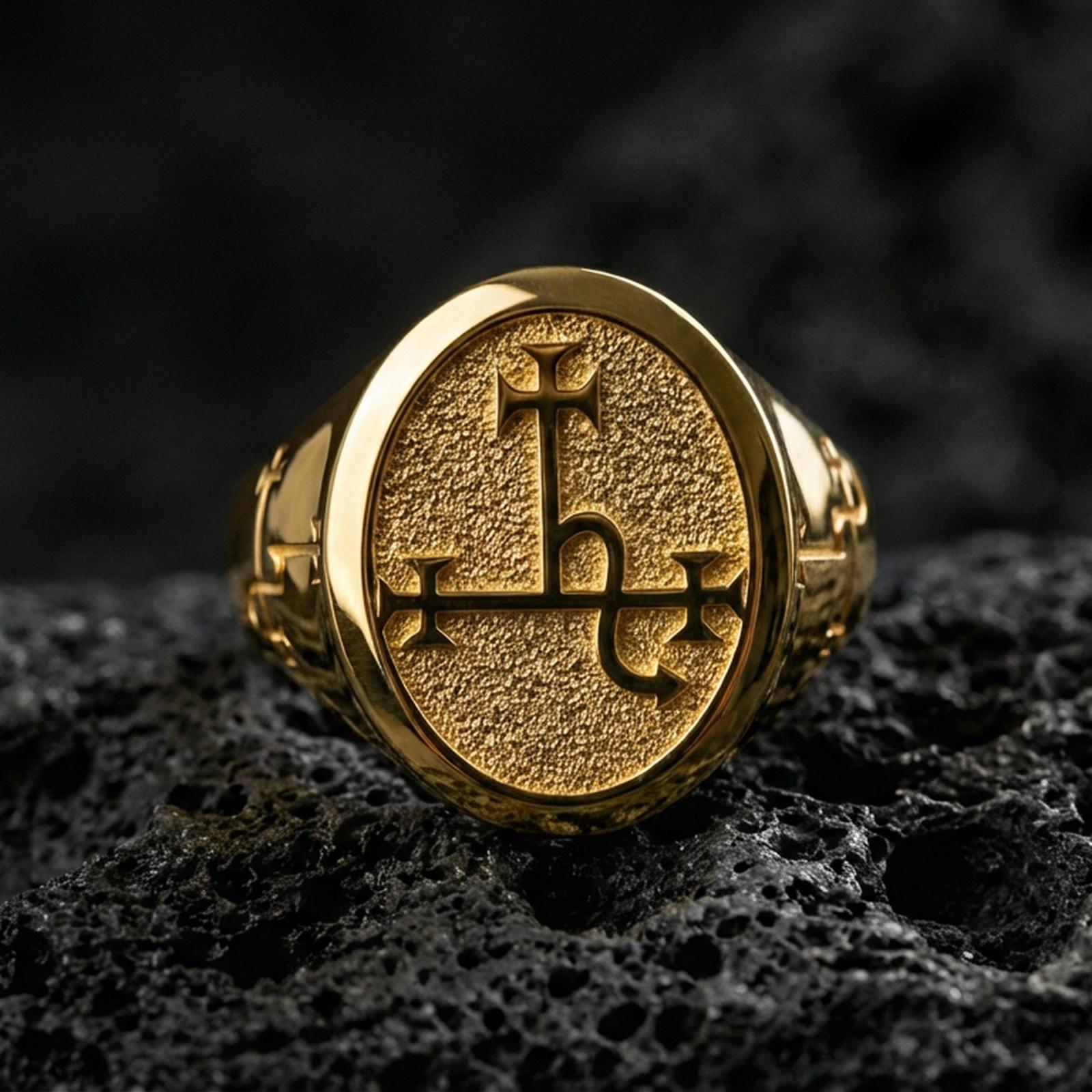Gold plated oval signet ring with engraved sigil symbol and matte-textured face, macro photo on black volcanic rock