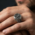 Load image into Gallery viewer, Oxidized finish Masonic double-headed eagle ring worn on a finger, close-up lifestyle shot highlighting the “32” triangle emblem and deep relief

