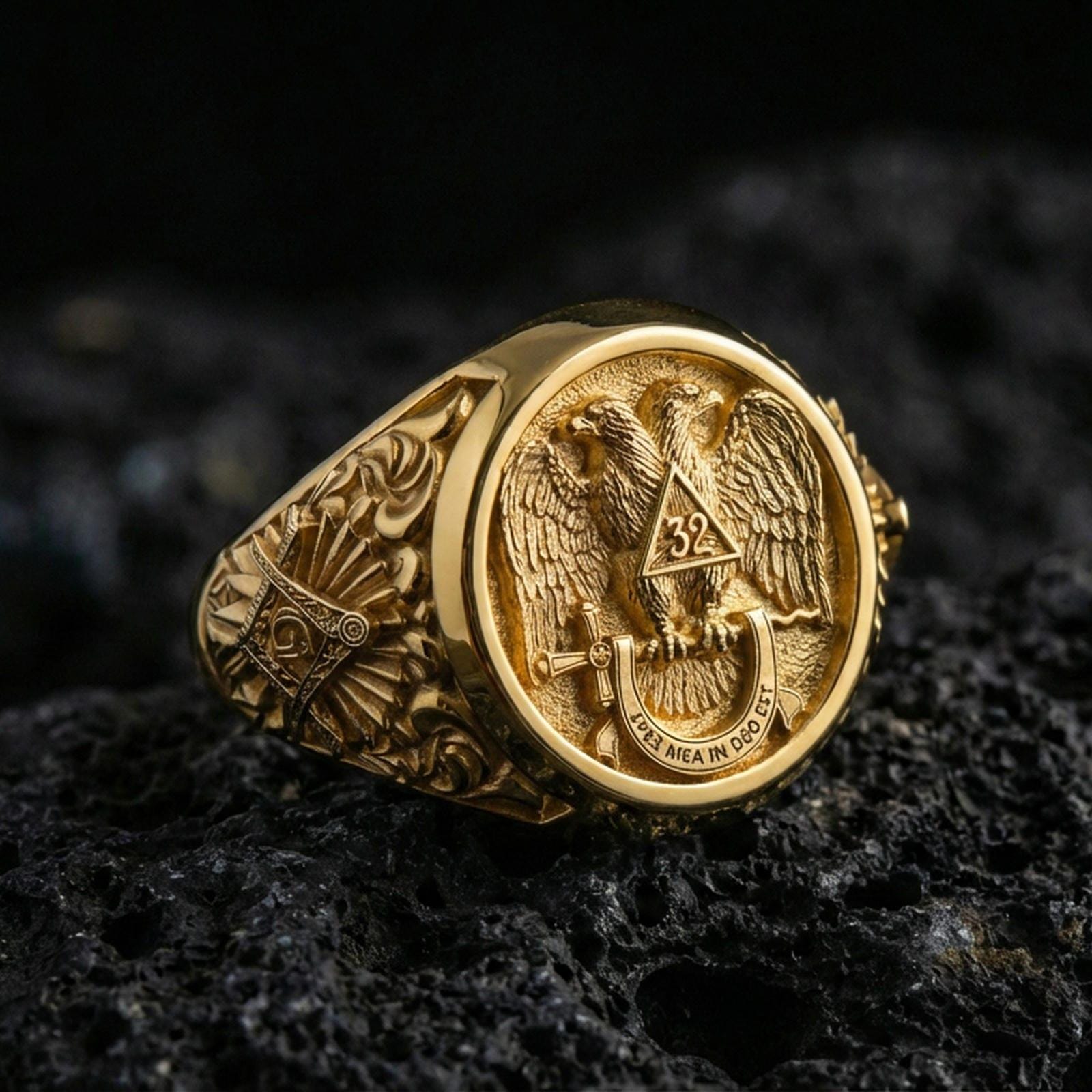 Sterling silver Masonic ring with a gold plated finish, double-headed eagle insignia with “32” triangle and curved banner text, macro on volcanic rock