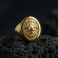 Load image into Gallery viewer, 925 sterling silver lion head signet ring on volcanic stone, gold plated finish with bold lion portrait engraving
