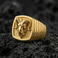 Load image into Gallery viewer, Gold plated ram head signet ring on volcanic stone, bold masculine statement jewelry
