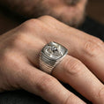 Load image into Gallery viewer, Polished silver ram head ring on hand, Aries zodiac statement ring close detail
