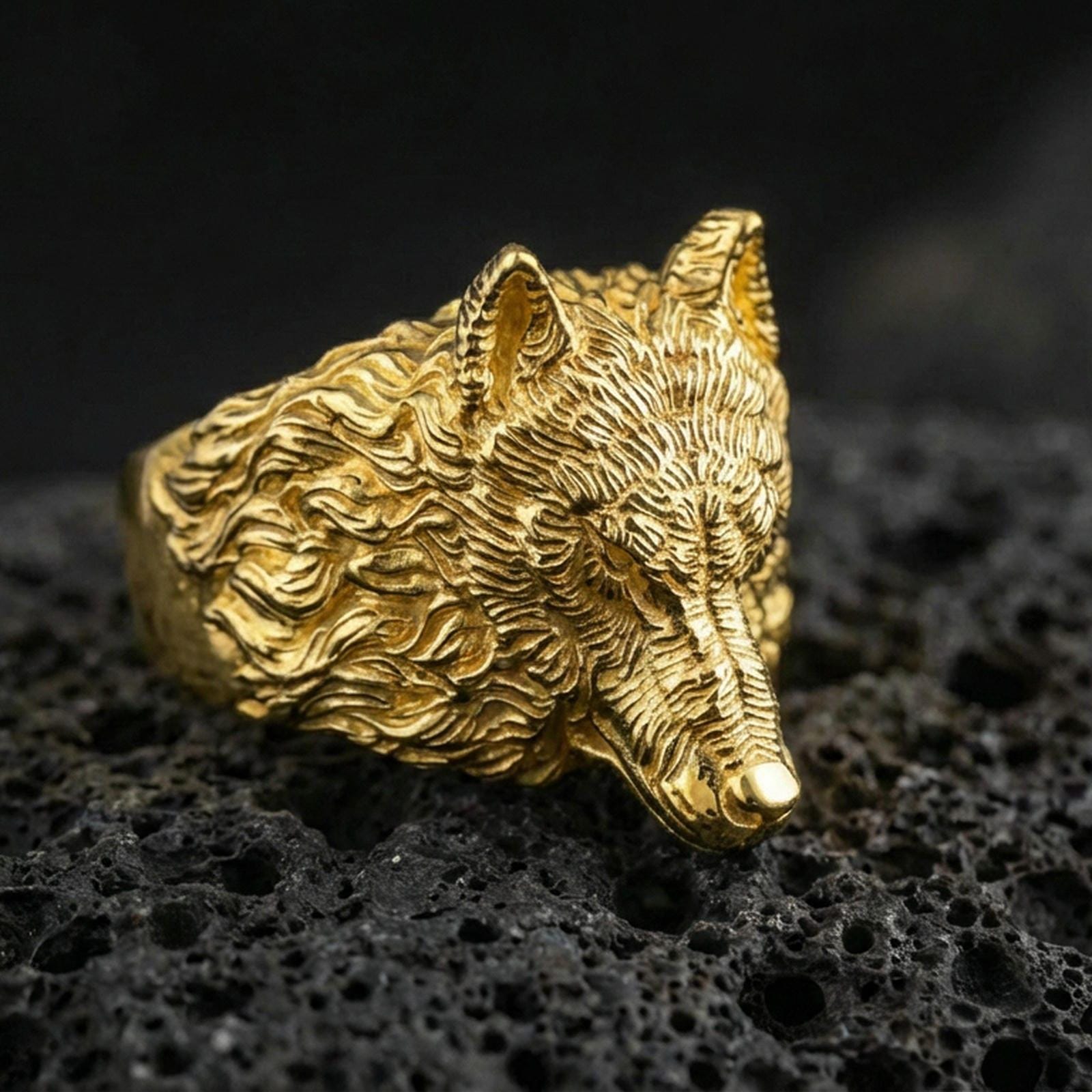 Gold plated wolf ring on volcanic stone, bold predator animal ring closeup for men