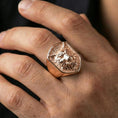 Load image into Gallery viewer, Rose Gold plated wolf signet ring worn on finger, bold animal jewelry look for men
