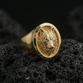 Load image into Gallery viewer, Gold plated wolf head signet ring on volcanic stone, bold animal face with clean bezel edge
