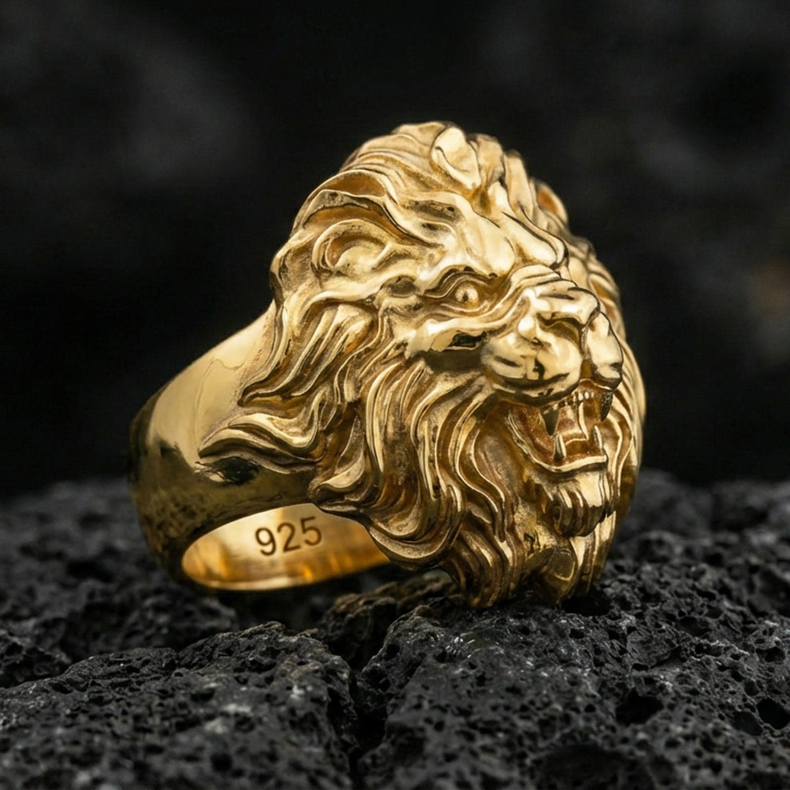 Gold plated roaring lion ring on volcanic stone, king of beasts design with strong masculine profile