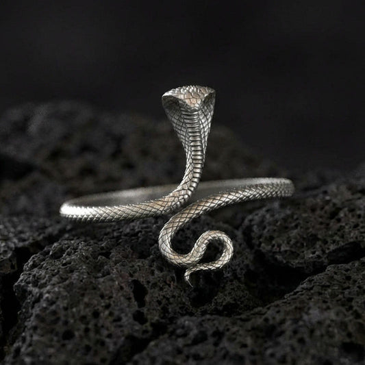 Oxidized sterling silver cobra snake ring on textured volcanic rock, macro close-up showing raised hood, coiled body, and detailed scale pattern