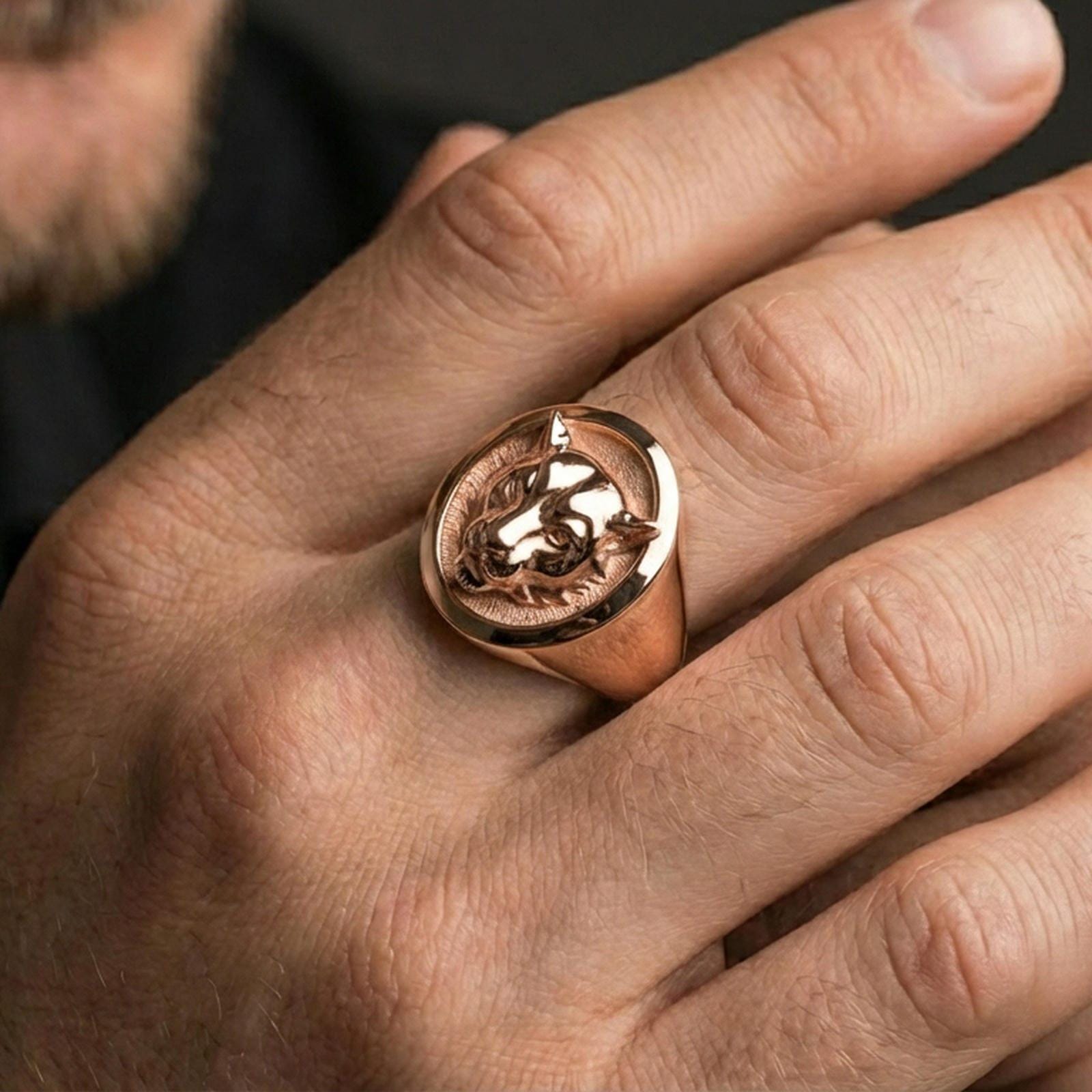 Rose gold plated leopard ring on finger, close-up lifestyle photo showcasing the detailed leopard portrait and classic signet silhouette