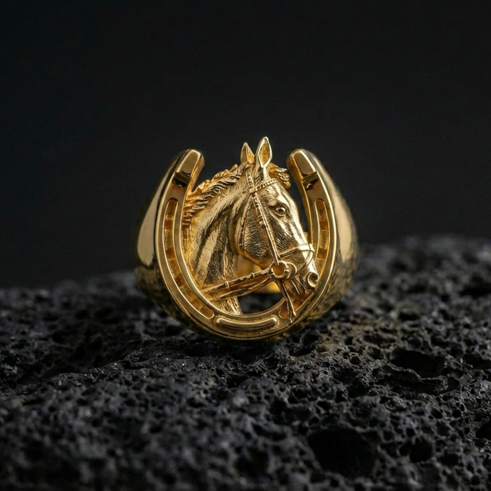 Gold plated horseshoe ring with horse head motif on porous volcanic stone, premium dark studio shot emphasizing the equestrian silhouette and sculpted details