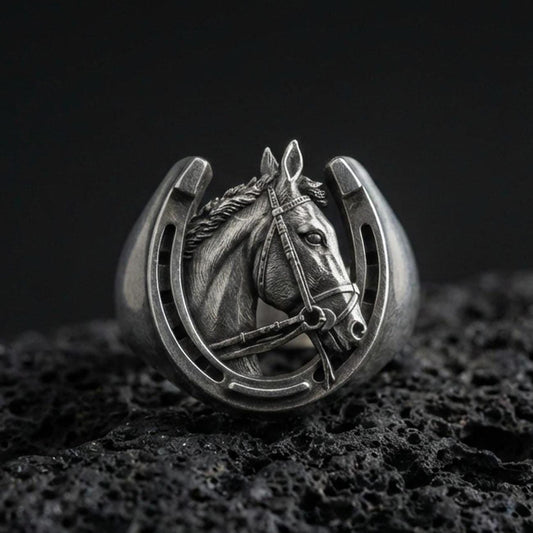 Oxidized sterling silver horseshoe horse ring on textured volcanic rock, macro close-up showing bridled horse head framed by a horseshoe design
