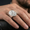 Load image into Gallery viewer, Polished silver lion signet ring on a hand, close-up highlighting the mane texture and clean outer frame
