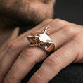Load image into Gallery viewer, Rose gold plated shark head ring worn on a finger, close-up showing the sculpted teeth and high-impact design
