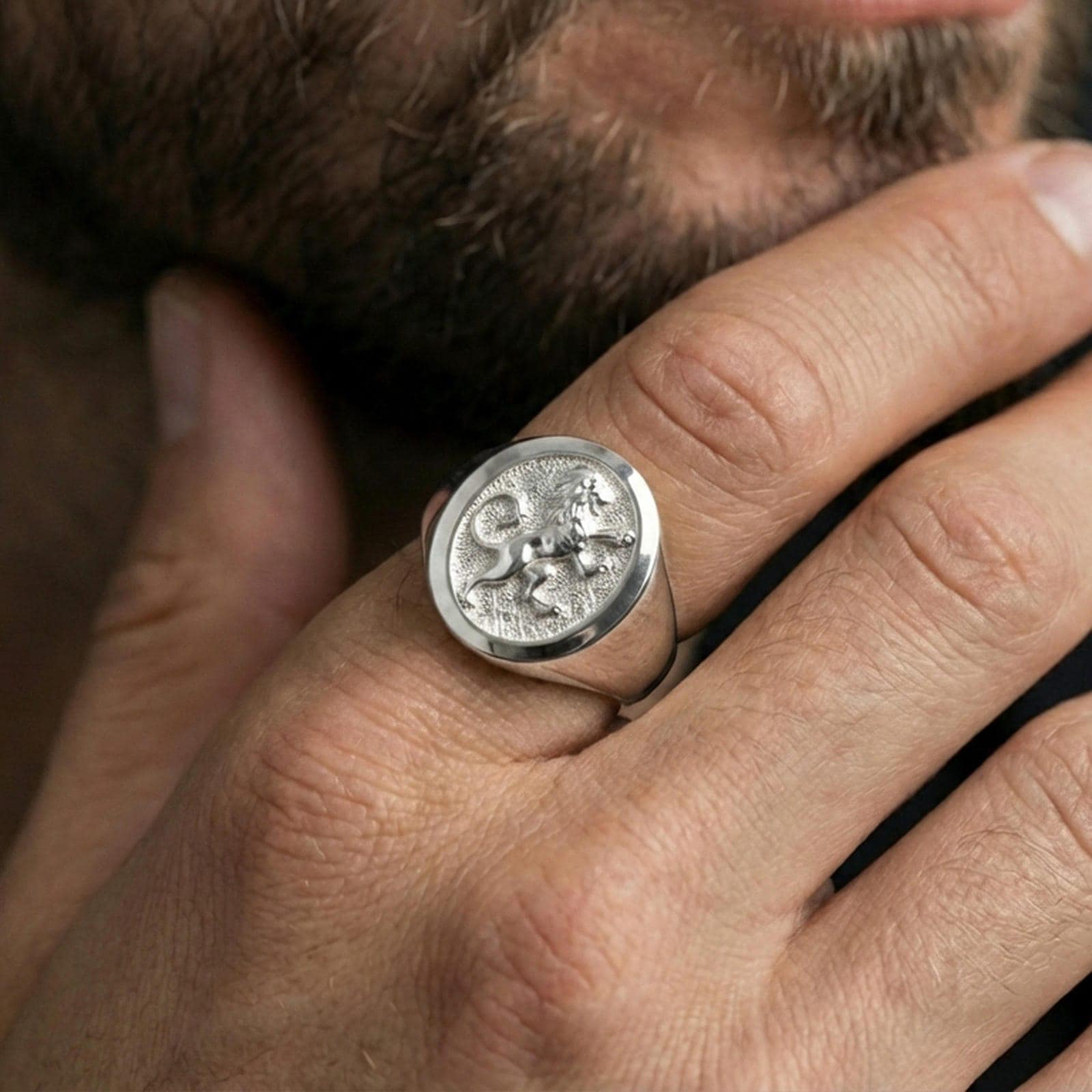Polished silver heraldic lion signet ring on finger, natural hand pose highlighting the lion emblem engraving and classic signet profile