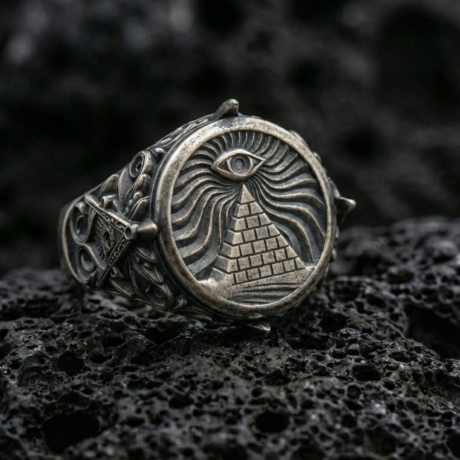 Sterling silver all-seeing eye pyramid signet ring with an oxidized finish, engraved radiant eye and brick pyramid motif, macro on black volcanic rock