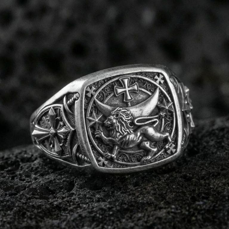 Sterling silver Lion of Judah signet ring with an oxidized finish, square face featuring a crowned lion beneath a cross and surrounding heraldic details, macro on black volcanic rock